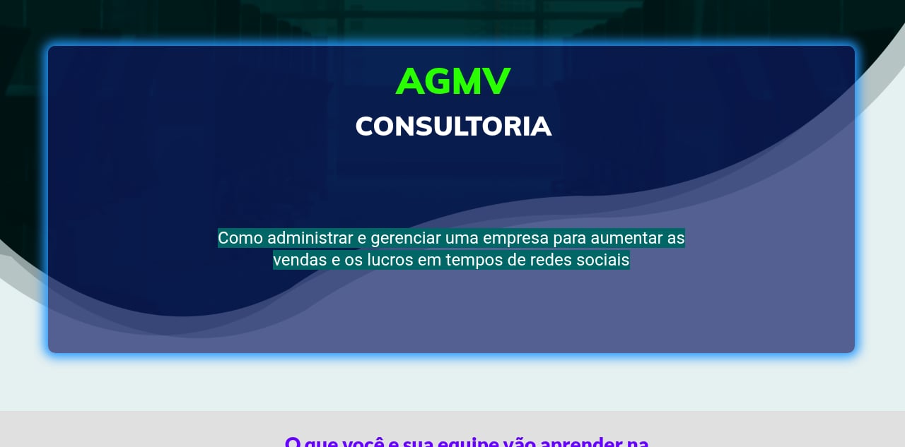 Topo da página da consultoria In-Company AGMV, no site do Alessandro Balbino, com a chamada principal sobre fundo azul