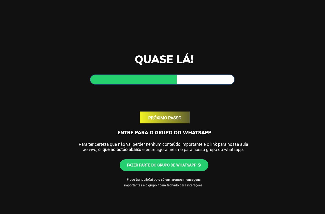 Página de obrigado do Dono Sniper com os dizeres quase lá, barra de progresso e botão para entrar no grupo de WhatsApp