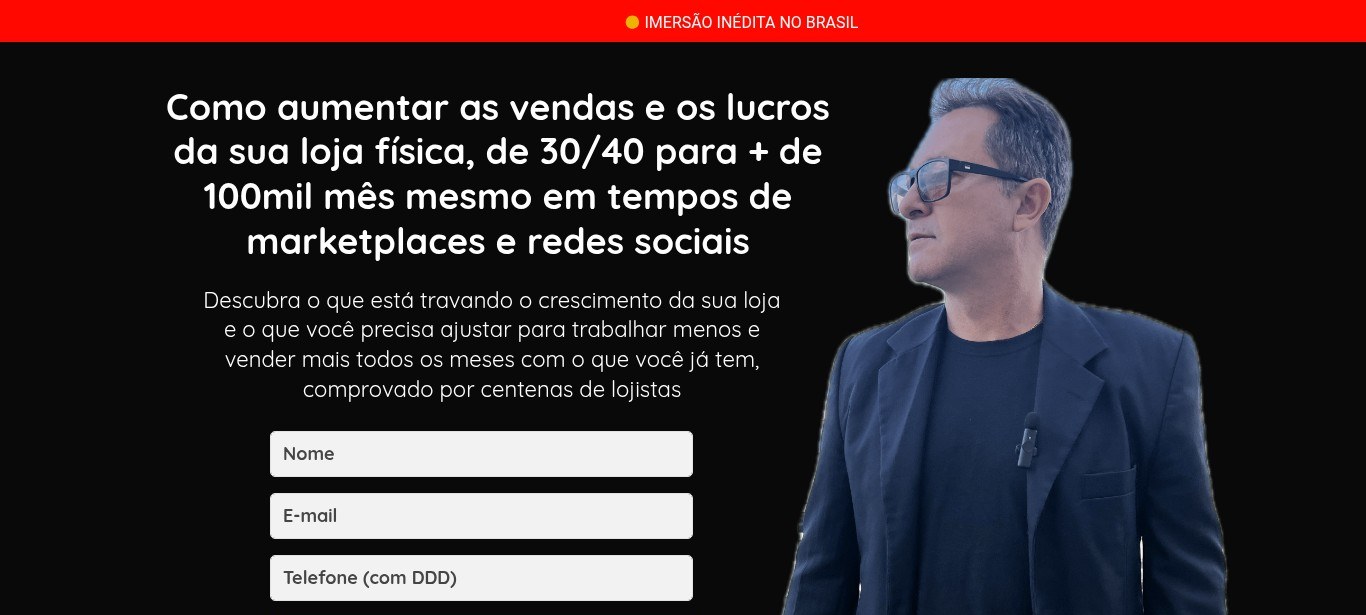 Topo da página de inscrição do Dono Sniper: chamada principal e formulário com nome, e-mail e telefone